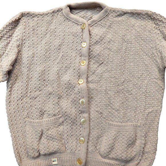 Vintage 1940s-1950s Beige/Light Brown 3/4 Sleeve Cardigan Front Pockets Sweater - Picture 3 of 9